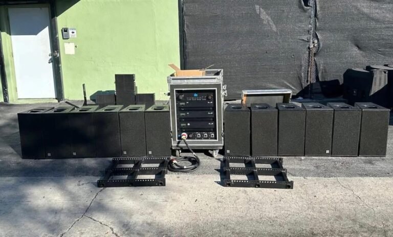 d&b audiotechnik Q7 Line Array System for Sale with 12 Q7 speakers, 3 D12 amplifiers, fly frames, and rigging hardware